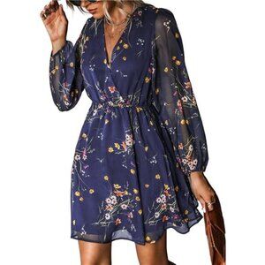 Women's Navy Blue Floral Print‎ Chiffon A-Line Mini Long Peasant Sleeves Dresses
